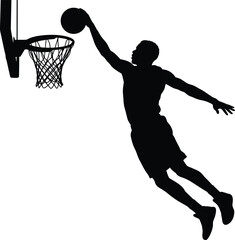 Basketball player silhouette dunking ball in hoop, athletic man jumping for slam dunk vector, sports action graphic on white background © Nasir