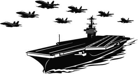 Military aircraft carrier silhouette with fighter jets, naval warship and air force squadron vector, maritime defense and naval aviation illustration © Nasir