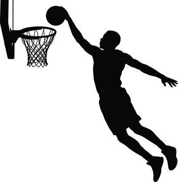 Basketball player silhouette dunking ball in hoop, athletic man jumping for slam dunk vector, sports action graphic on white background