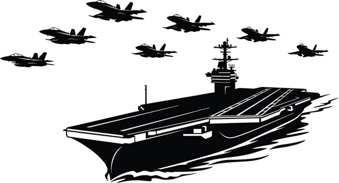 Military aircraft carrier silhouette with fighter jets, naval warship and air force squadron vector, maritime defense and naval aviation illustration