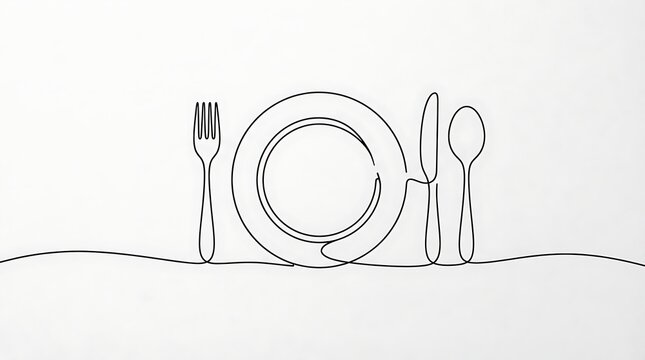 Continuous line drawing of a plate with a fork knife and spoon on a white background with creates minimalist outline