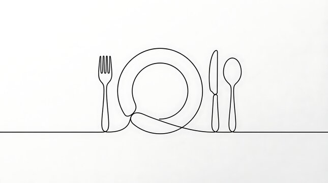Minimalist continuous line drawing of a plate with a fork knife and spoon on a white background with dining plate accompanied