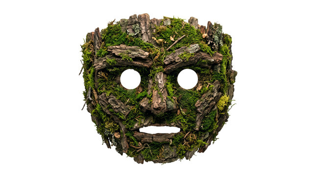 Handcrafted woodland mask shaped from moss, bark, and lichen. Rustic forest face with hollow eyes and open mouth on transparent background. Nature fantasy concept for Halloween