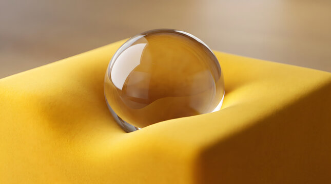 Satisfying tactile concept of a heavy glass sphere sinking into soft yellow memory foam