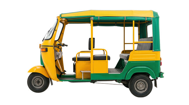 Yellow and green tuk tuk with open passenger cabin. Three wheeled vehicle with canopy and seats isolated on transparent background. Urban travel and transport concept.