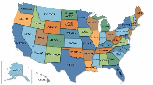 United States of America map with state names and colorful regions