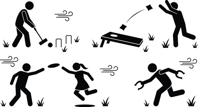Outdoor lawn games stick figure icons, people playing croquet cornhole and frisbee vector set, backyard summer sports activities silhouettes