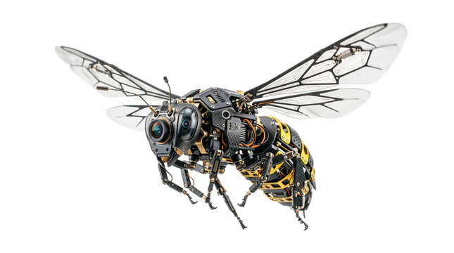 Robotic insect drone with camera eyes and articulated legs hovers on transparent background. Mechanical wings mimic a dragonfly. Future technology suggests surveillance.