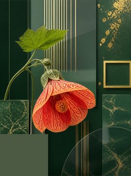 abutilon flower art deco dark green marble golden lines poster wall art greeting card
luxurious art deco botanical illustration featuring an orange abutilon flower with green leaf on a da