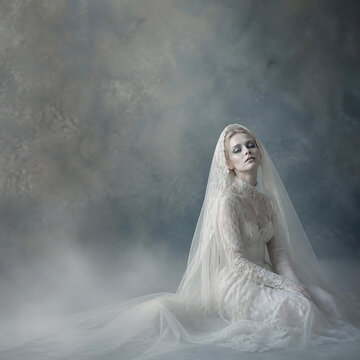 Ethereal ghost bride styling, beautiful model wearing a vintage white bridal veil and flowing lace gown, porcelain-white makeup, subtle blue-gray eyeshadow, faded lips, delicate cracked 