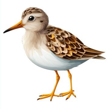 Small Brown Sandpiper Bird Illustration Standing On White Background