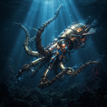 Steampunk mechanical octopus 3D illustration underwater in the deep ocean with glowing lights and gears