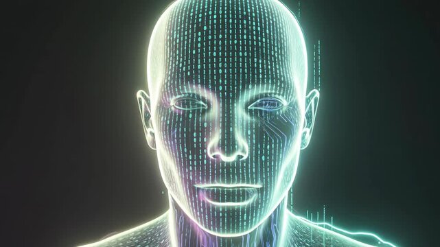 Digital humanoid face transitions from a smile to a neutral expression through glowing code and futuristic artificial intelligence visualization