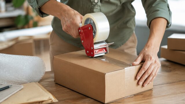 Hands sealing a cardboard shipping box with a tape dispenser on a wooden table, surrounded by packing supplies and bubble wrap