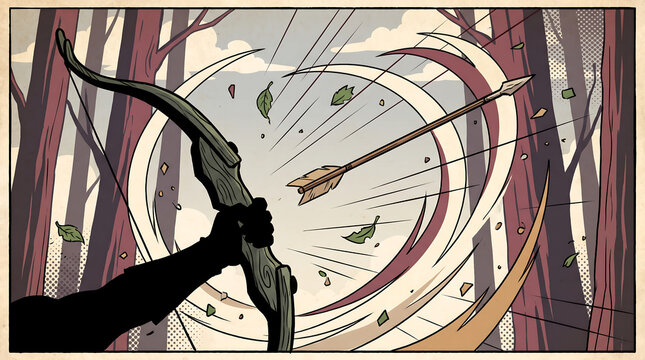 Dynamic Arrow Flight Illustration with a Stylized Bow and Arrow Shot in a Comic Pop Art Forest Background