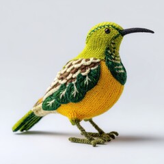 Fototapeta premium Small Yellow And Green Beaded Hummingbird Figurine Against A Clean White Background Studio Shot