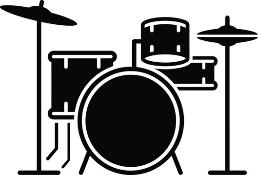Drum kit silhouette vector icon, professional musical instrument set with bass drum and cymbals, minimalist percussion equipment graphic for band posters