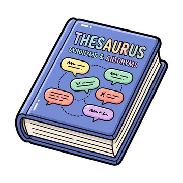 A Thesaurus Book of Synonyms and Antonyms: This colorful, illustrated book showcases a thesaurus with speech bubbles containing symbols representing synonyms and antonyms.