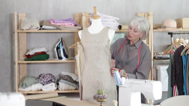 Mature dressmaker with a measuring tape stands in the sewing workshop near a mannequin and checks quality of the sewn sample, she looks at the stitches and makes corrections. 