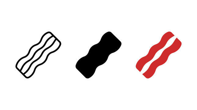 Set of bacon strip icons in outline, silhouette and flat color vector design styles