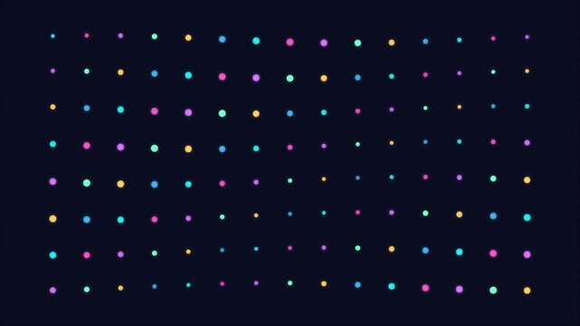 Animated digital pattern of colorful geometric shapes, pixel art, small squares and triangles moving on dark background