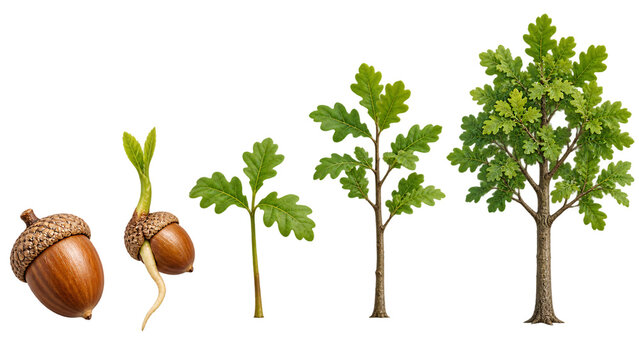 Oak Tree Growth Stages from Acorn Germination to Mature Tree