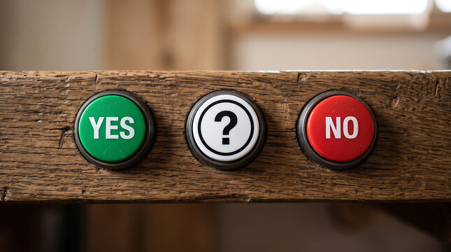 Three round push buttons featuring yes no and question mark symbols mounted on a textured wooden surface