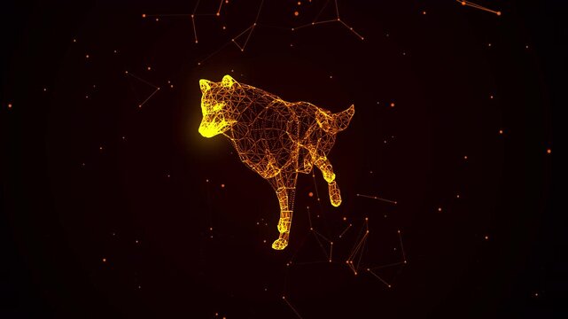 3D animation of a futuristic stardust running wolf made of glowing particles and constellation nodes on alpha channel, ideal for gaming channels, sci-fi intros, fantasy visuals, and abstract tech art