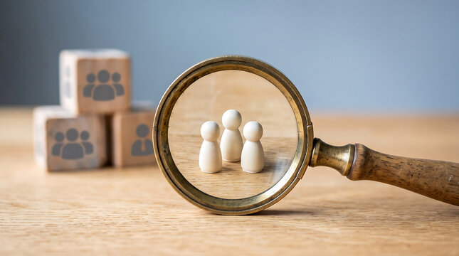 A magnifying glass focusing on three wooden peg dolls next to stacked cubes with human icons on a wooden surface