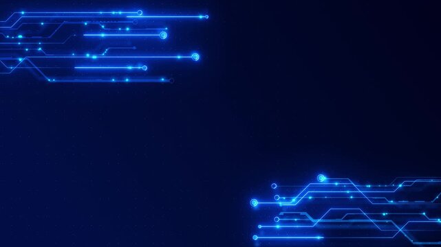Glowing blue circuit lines enter opposite corners clean central copy area. AI, technology branding, business presentations, cyber security, cloud computing, digital banners data driven video graphics.