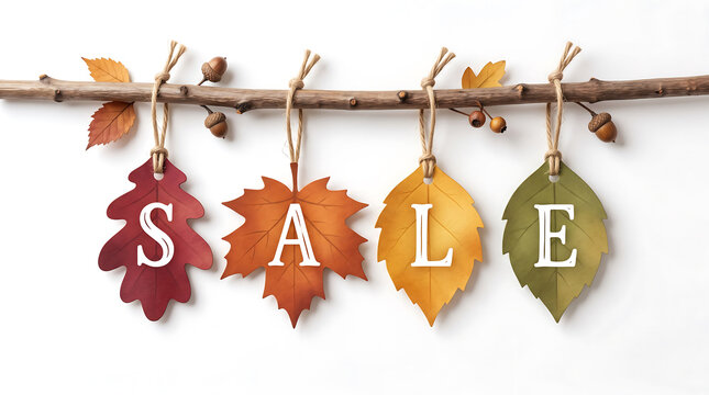 Seasonal autumn sale sign featuring colorful hanging leaves on a branch with white letter text labels