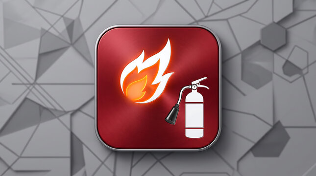 Square app icon featuring a metallic red background with a white fire flame symbol and a fire extinguisher illustration