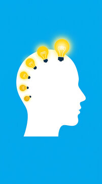 A silhouette of a human head with multiple glowing light bulbs representing creative ideas and innovation