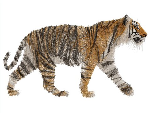 Stippling Illustration Of A Walking Tiger With Orange And Black Stripes On A White Background