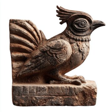 Stone Carved Bird Statue With Crest On White Background