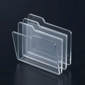 Three transparent glass file folders standing upright on a dark reflective surface. This futuristic conceptual 3D design represents modern digital data storage, organization, and cloud tech.