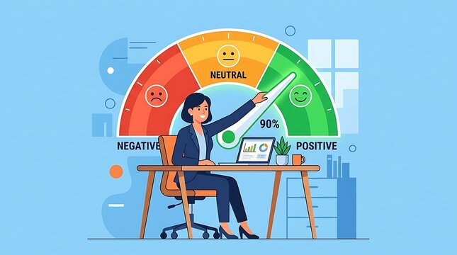 Businesswoman adjusting positive sentiment meter showing 90% customer satisfaction in office setting