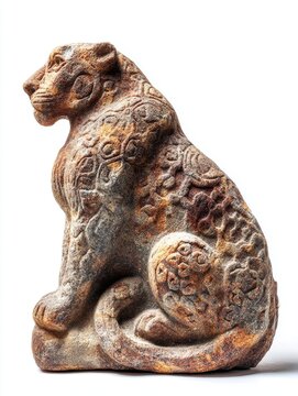 Stone Leopard Sculpture With Detailed Texture And Brown Patina Isolated On White Background