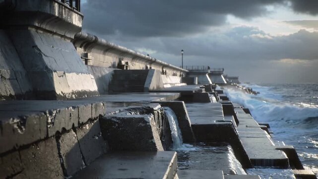 Crashing incoming swell, stepped concrete breakwater casting spray across walkway at pier, pipe