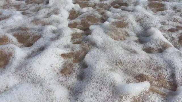 Foam and bubbles washing over wet sand on a sunny ocean beach close up of white sea