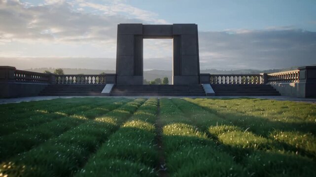 Swaying tufted grass bending with shifting sunlight on terrace, mist thinning around stone portal