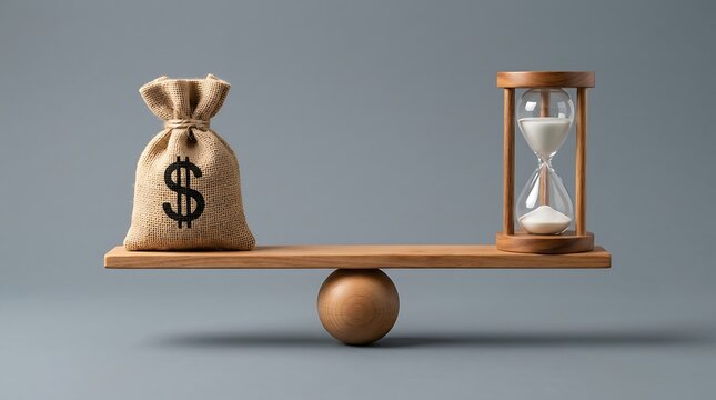 Money Bag vs Hourglass on Balance Scale: Time is Money Concept