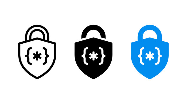 Code security icon design set with padlock and programming brackets graphic vector elements