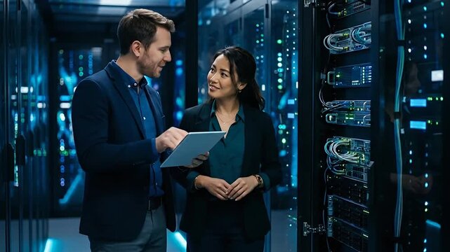 IT professionals inspecting server hardware in a data center exploring advanced technology infrastructure