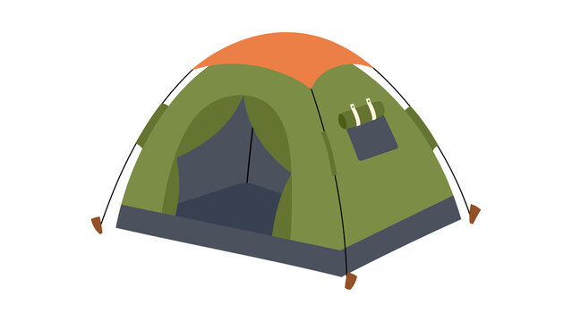 Green camping tent with orange roof, outdoor adventure shelter on white background, portable dome tent for hiking and tourism