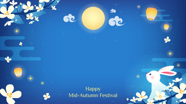 Happy Mid Autumn Festival background vector illustration. The Moon rabbits with Sweet Osmanthus branch frame