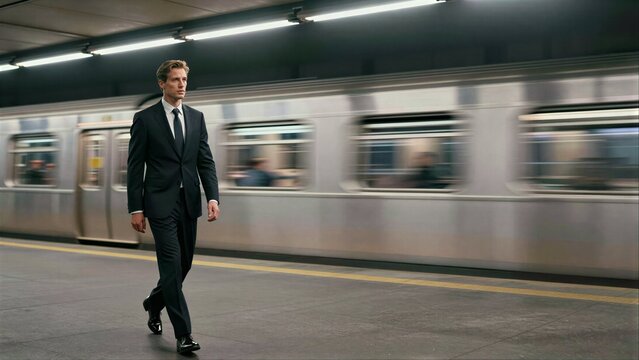 Two men in suits walk past a speeding subway train at an underground station.