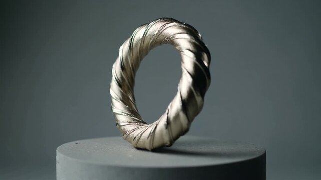 Spinning by motor, twisted torus ring settling upright on studio plinth, revealing bimetal braid