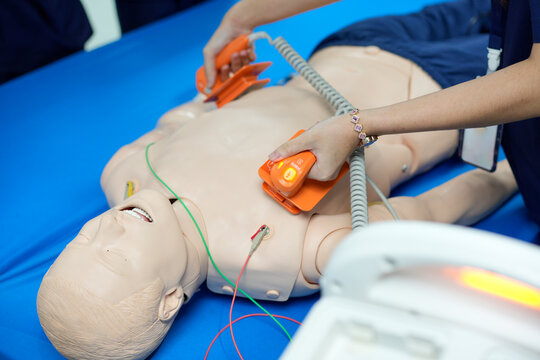 Demonstration of manual defibrillation technique using hard paddles on a patient simulator mannequin.