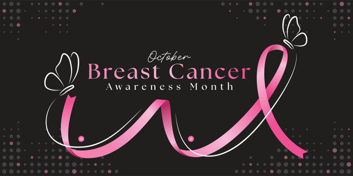 Breast cancer awareness month - Pink ribbon awareness roll to breast shape with butterfly fly around on black dot texture background vector design